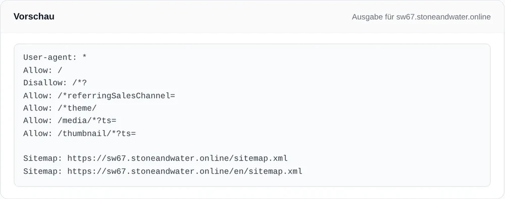 Vorschau der ausgelieferten robots.txt mit automatisch ergänzten Sitemap-Zeilen